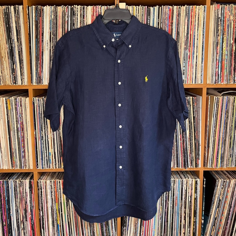 Navy blue button down tee. POLO in medium.
